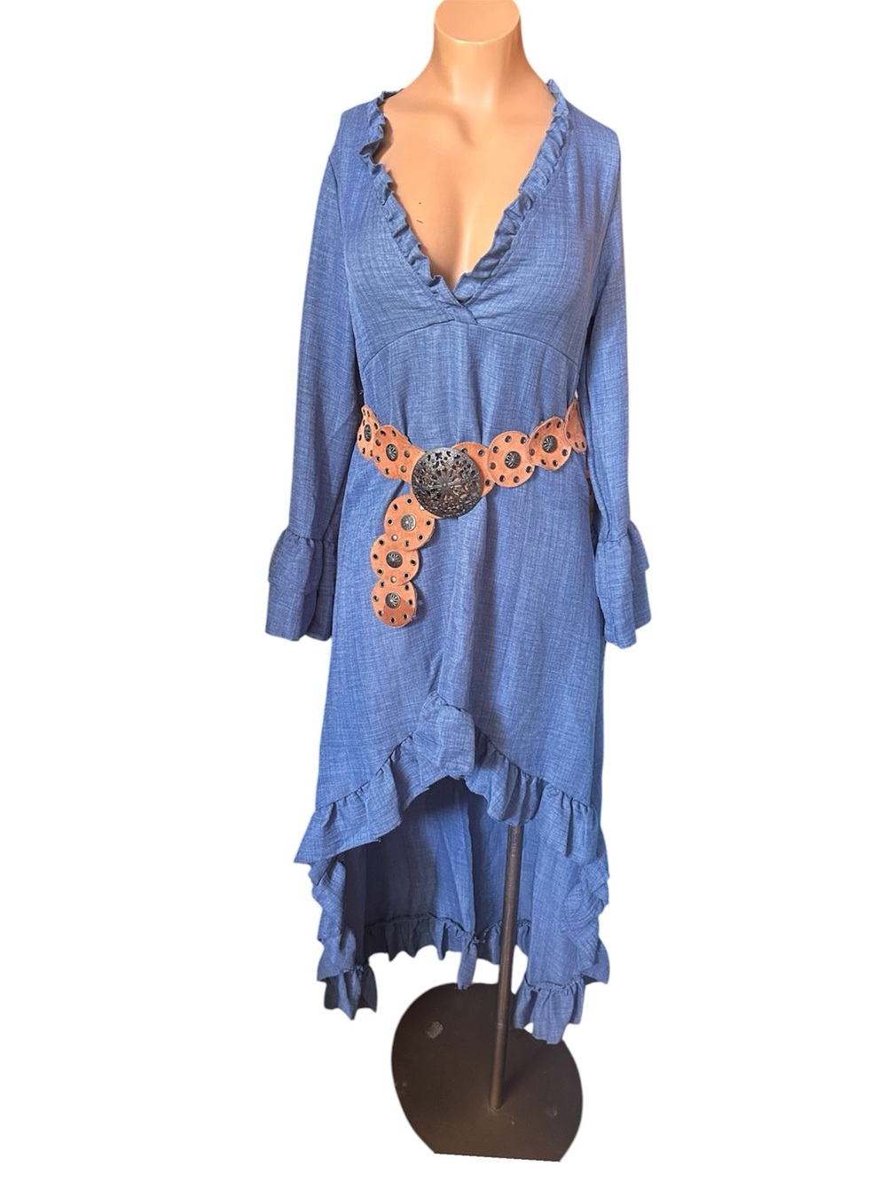 Blue Ruffle V-Neck High-Low Dress